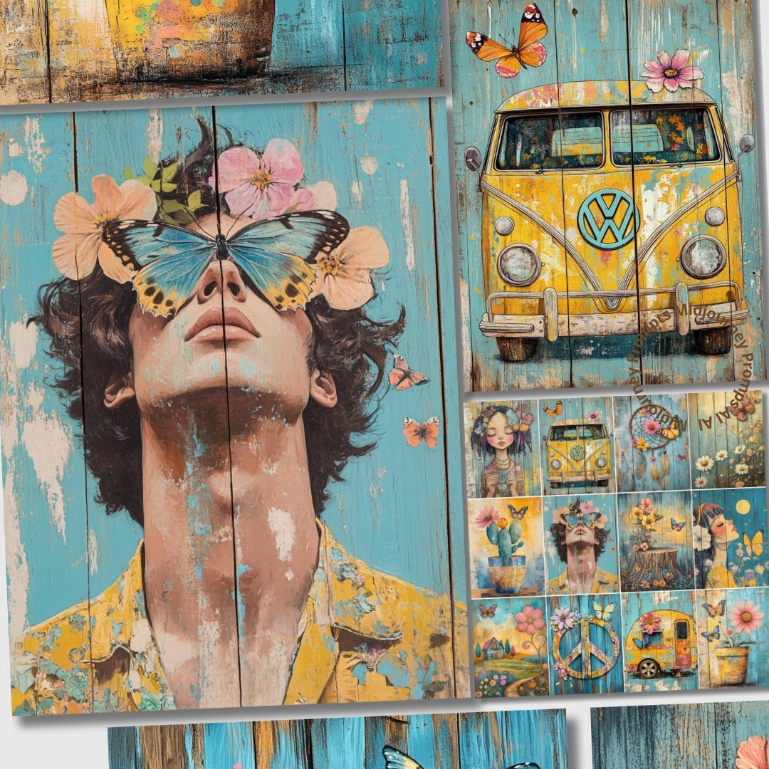 Midjourney Prompts for Pastel Hippie Girl Junk Journal Pages