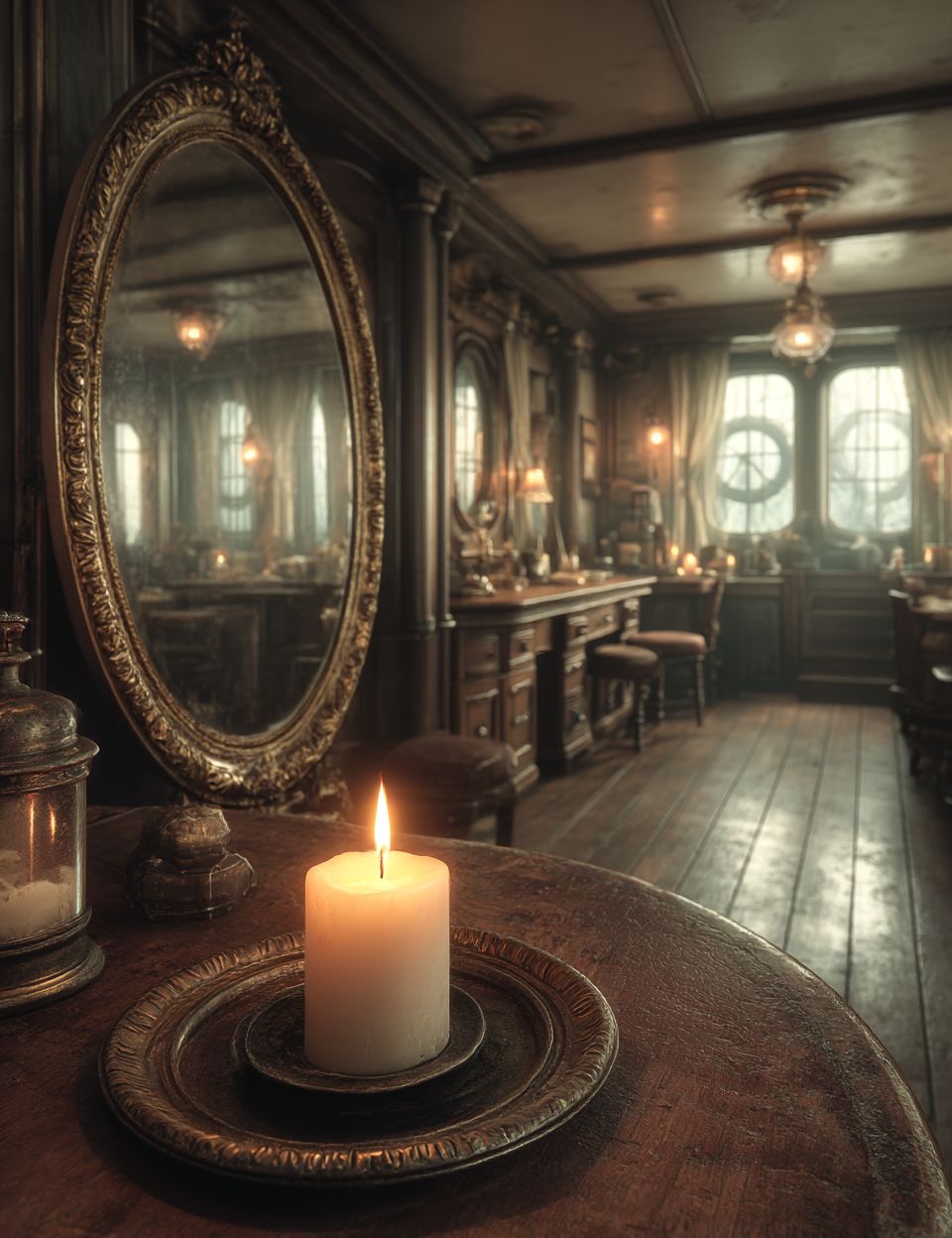 Vintage room with a candle on a table, large mirror, and wooden furniture.