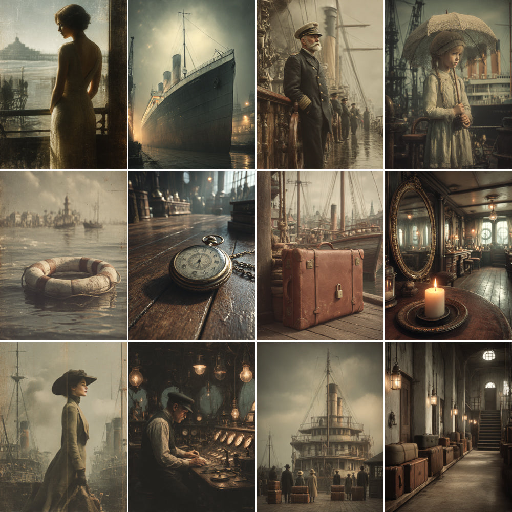 Collage of vintage-themed images including a woman by a window, a ship, a man with a beard, a woman with an umbrella, a life preserver, a pocket watch, a suitcase, a candle, a ship docked, a woman in a hat, a man at a desk, and a ship interior.