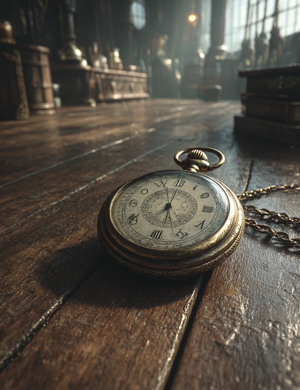 Vintage pocket watch on a wooden surface with a dimly lit room in the background