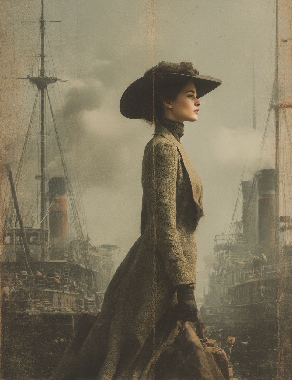Woman in a long coat and hat standing in front of ships on a misty day