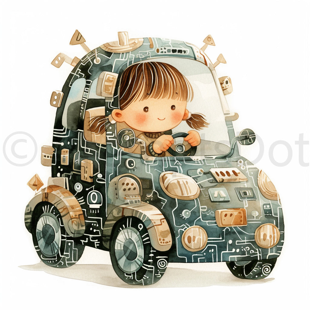 a girl in a car Mechanic Tech Robot Illustrations Midjourney Prompts