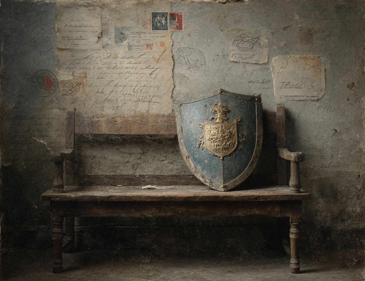 Old wooden bench with a decorative shield against a textured wall with historical documents.