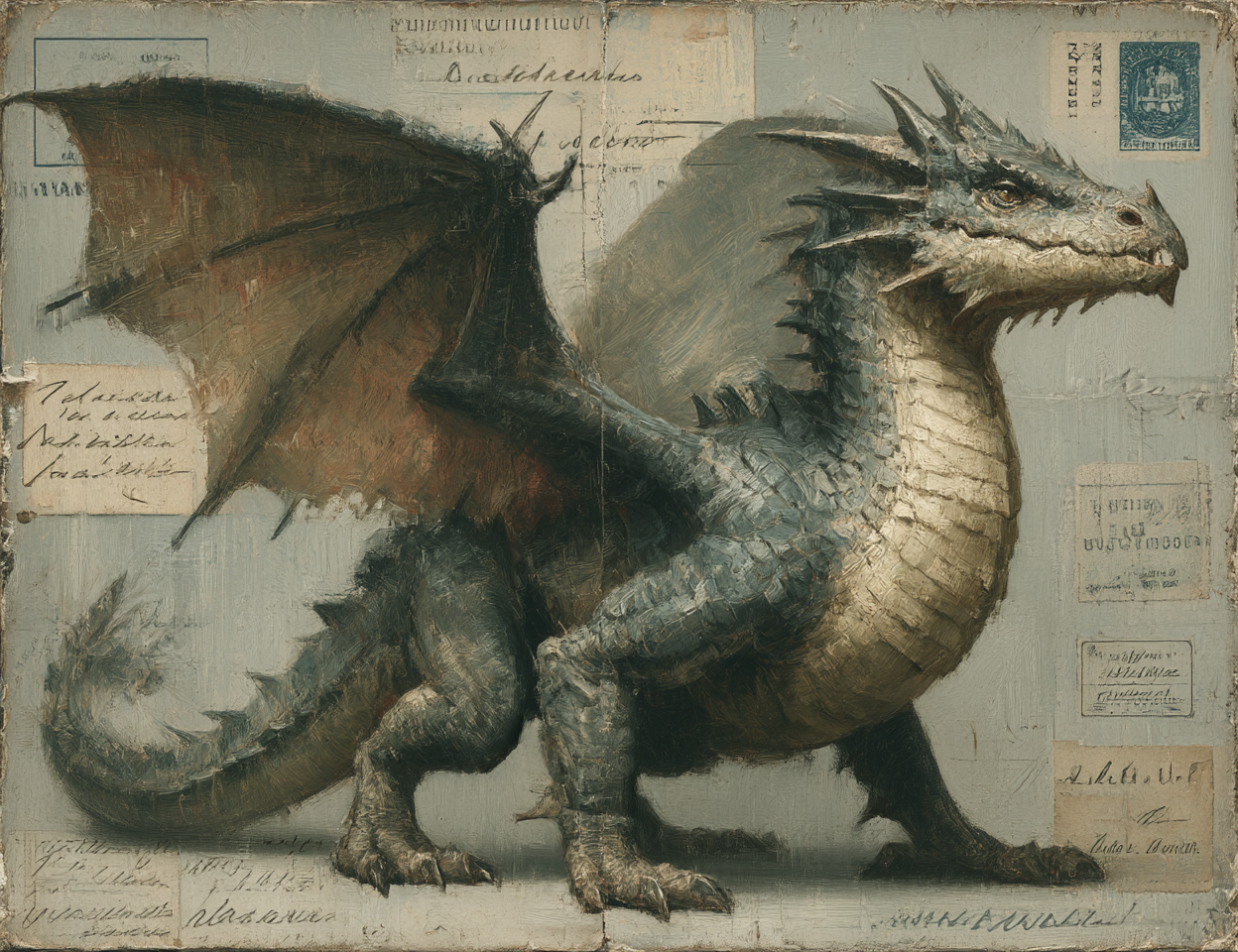 Illustration of a dragon on a textured surface with vintage postcard elements.