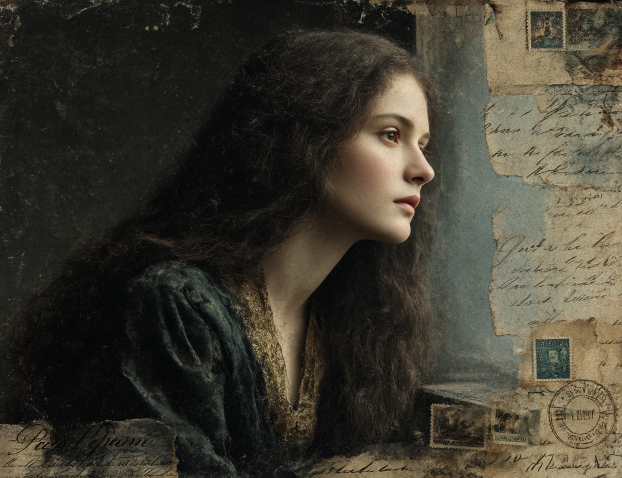 Woman with long dark hair in a vintage setting with letters and photos.