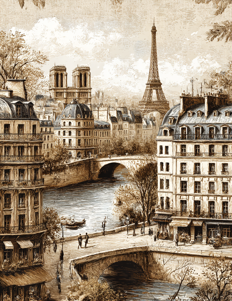 Illustration of a Parisian scene with the Eiffel Tower and Notre-Dame Cathedral.