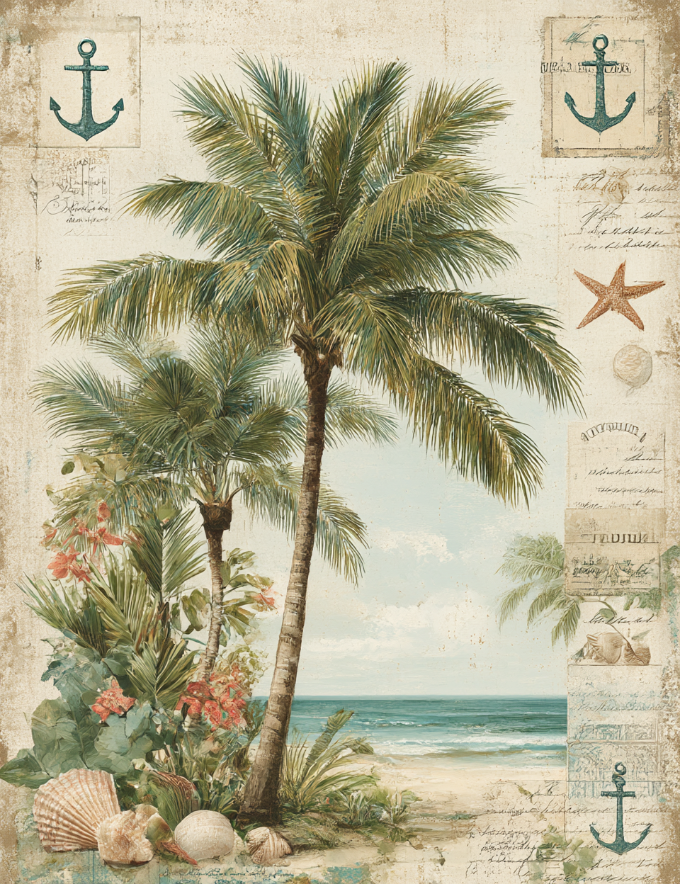 Tropical beach scene with palm trees, shells, and an anchor on a textured background