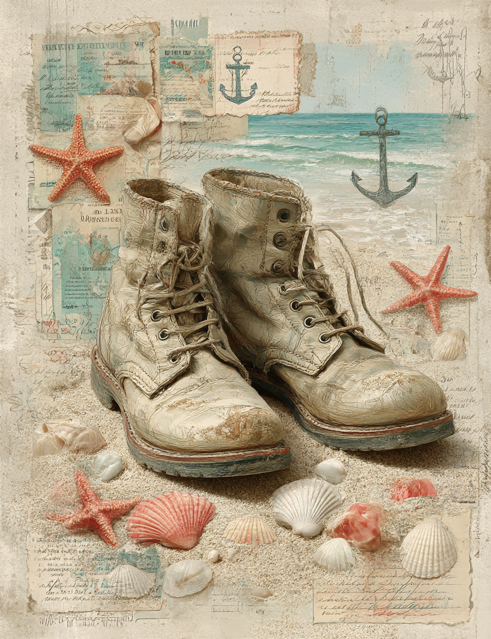 Pair of old boots on a textured background with starfish and seashells