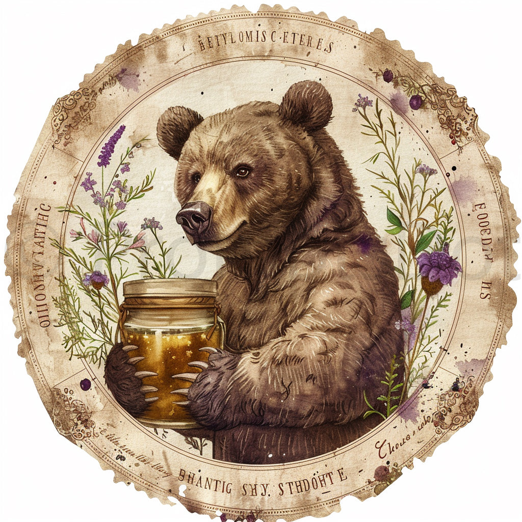 bear holding a honey jar Stamp Label Mystic Garden Ephemera Midjourney Prompts