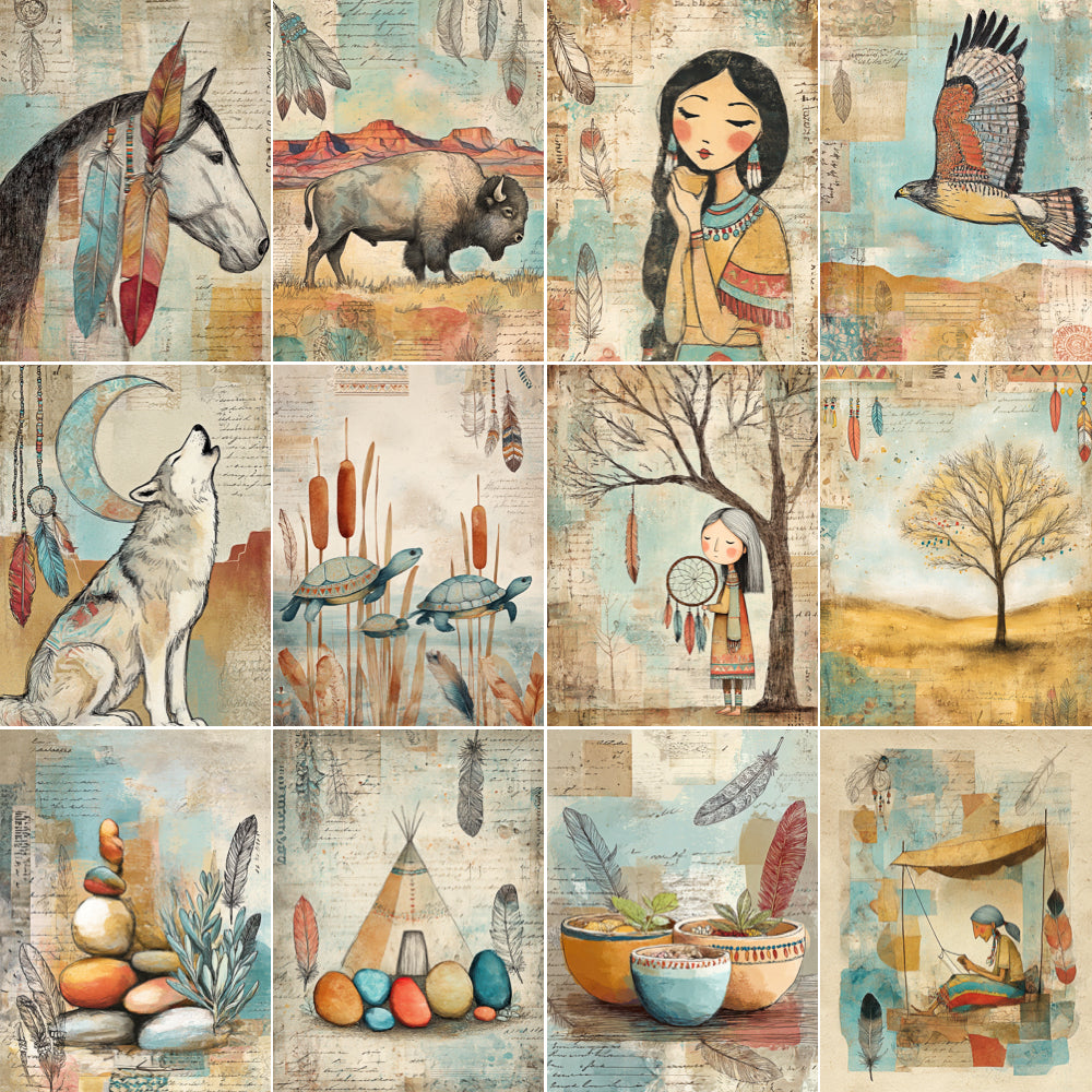 Collage of various illustrated scenes with nature and indigenous elements.