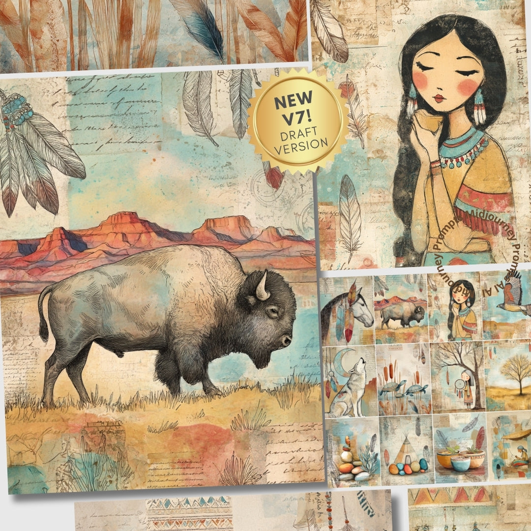 Collage of Native American-themed illustrations including a bison, landscape, and people with feathers.