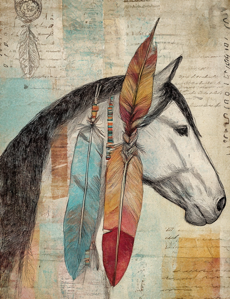 Illustration of a horse's head with colorful feathers on a textured background