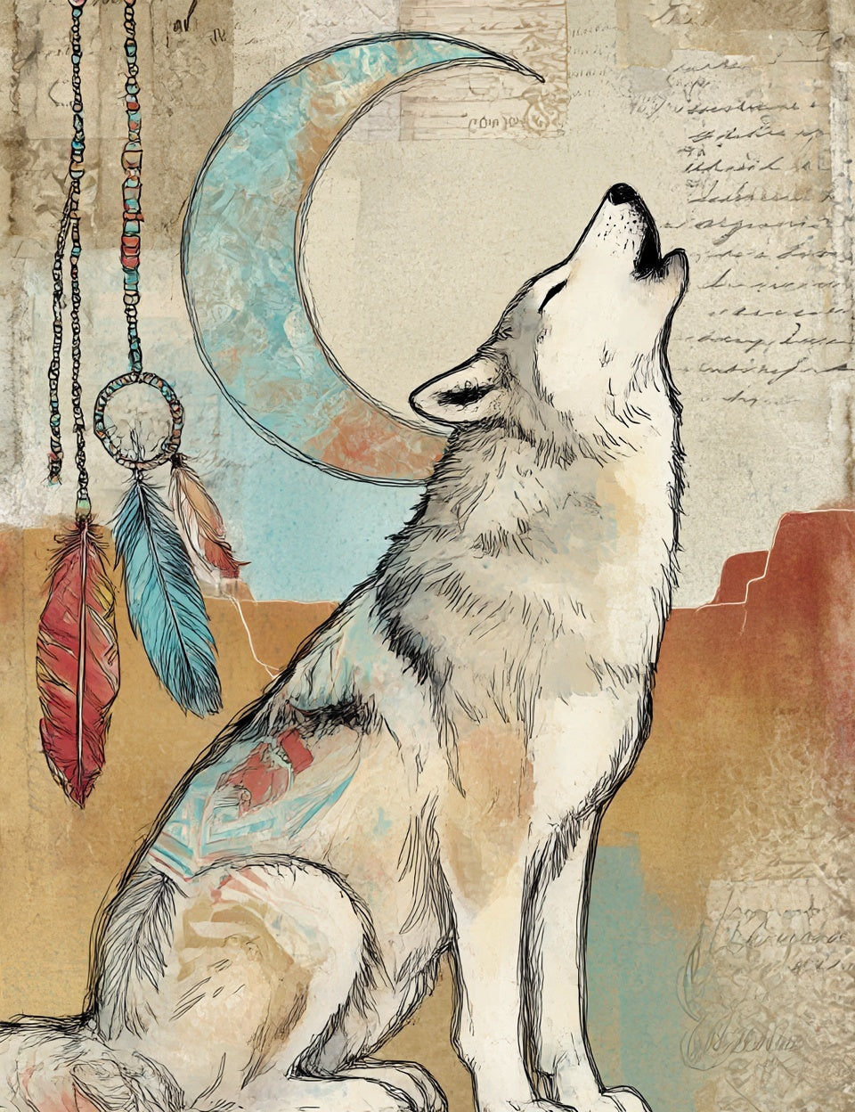 Wolf howling at a stylized moon with feathers and chains on a textured background