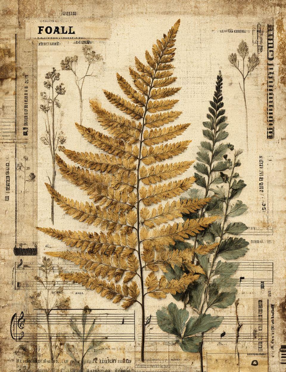 Fern illustration on a vintage-style background with music notes and text