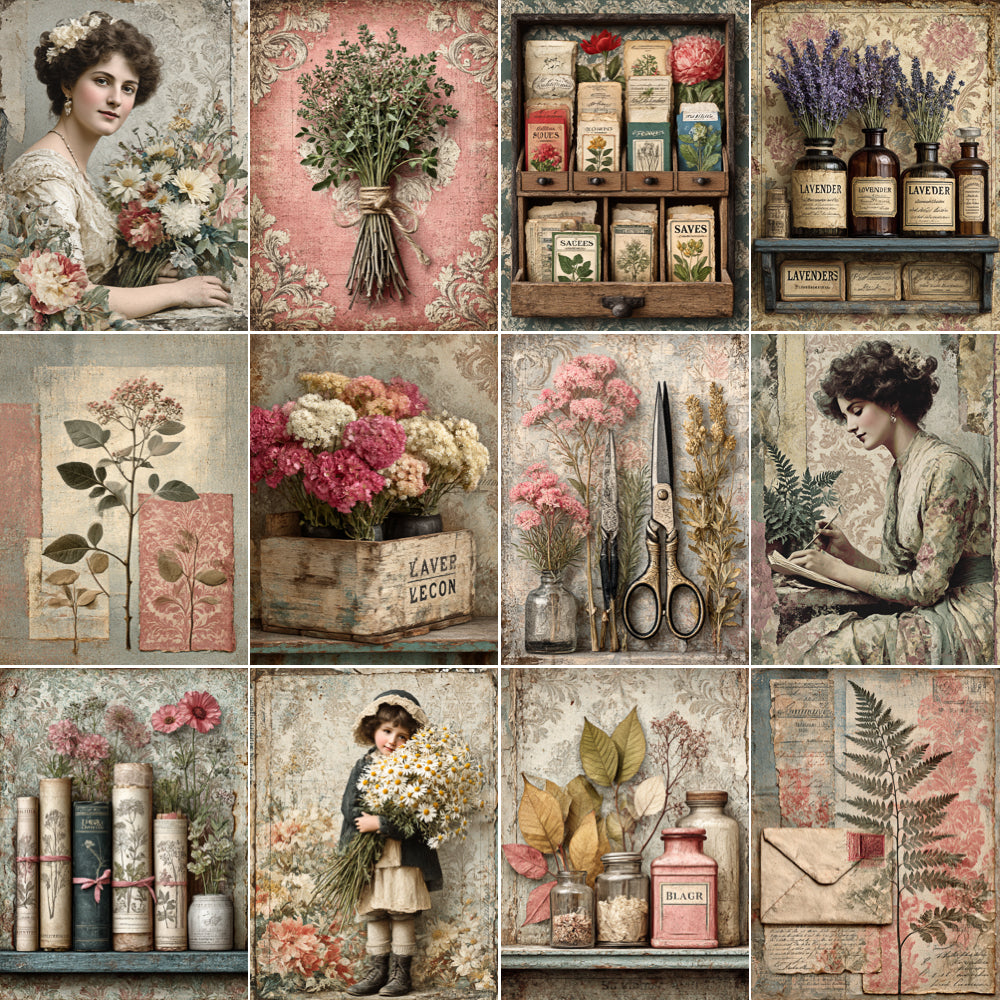 Collage of vintage-style images featuring flowers, books, and a woman in an old-fashioned setting.