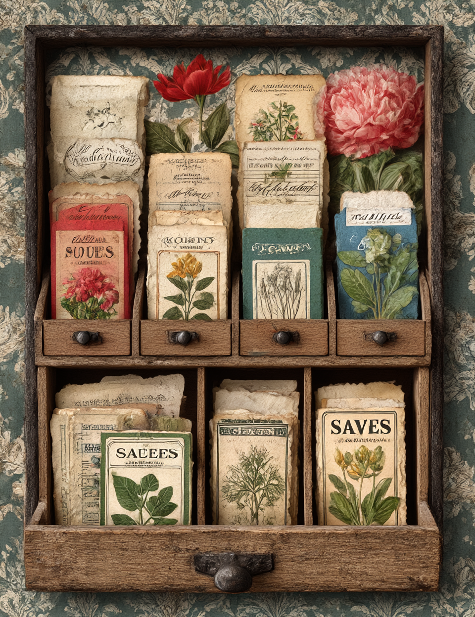 Wooden drawer with vintage seed packets and flowers against a patterned wall.