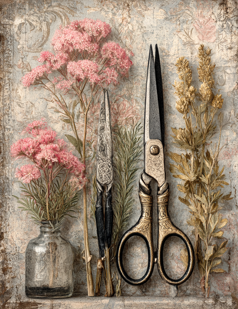 Decorative still life with pink flowers, scissors, and a bottle on a textured background