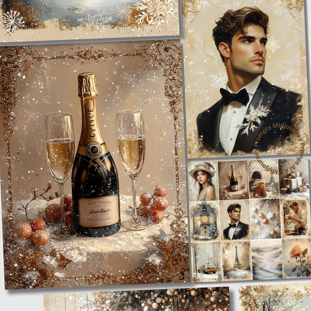 Midjourney Prompts for Gold Paris New Year Junk Journal Pages
