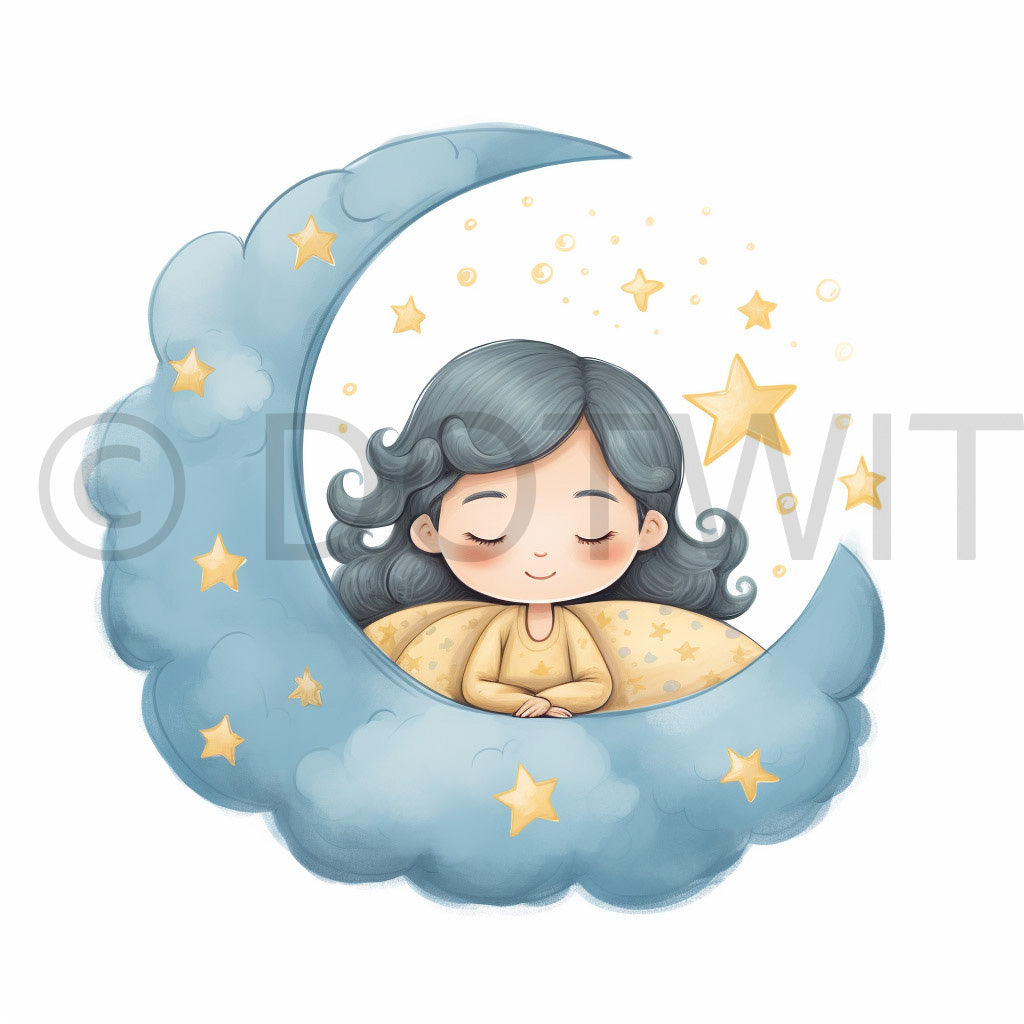 a baby girl on the half moon Nursery Wall Digital Art Watercolor Baby Clipart and Midjourney Prompt Commercial Use