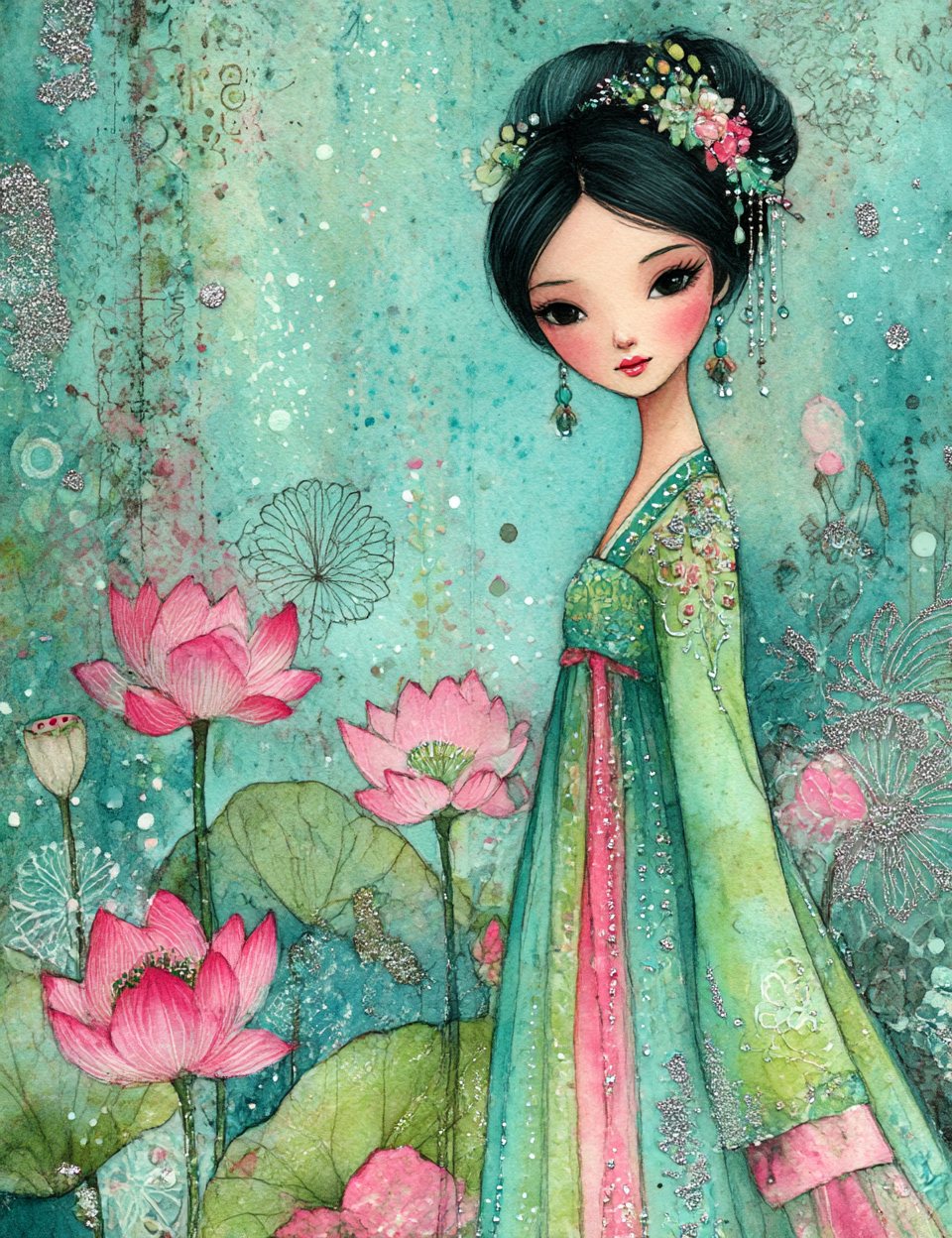 Illustration of a woman in a green and pink traditional outfit standing among pink lotus flowers.