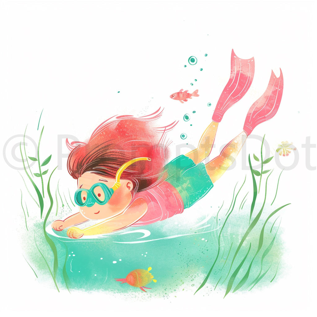 girl snorkeling Pink Beach Summer Clipart Midjourney Prompts