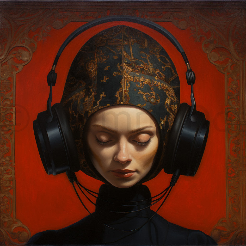op Surreal Album Cover Art Quirky Goths Midjourney Prompt Commercial Use woman listening headphones