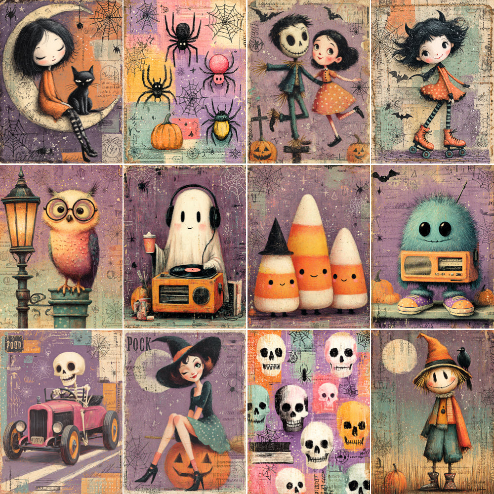 Collage of Halloween-themed illustrations featuring ghosts, pumpkins, and other spooky characters.