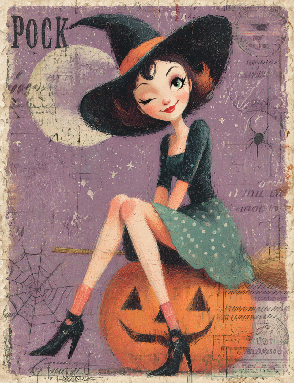 Vintage-style Halloween illustration of a witch sitting on a pumpkin with a purple background.