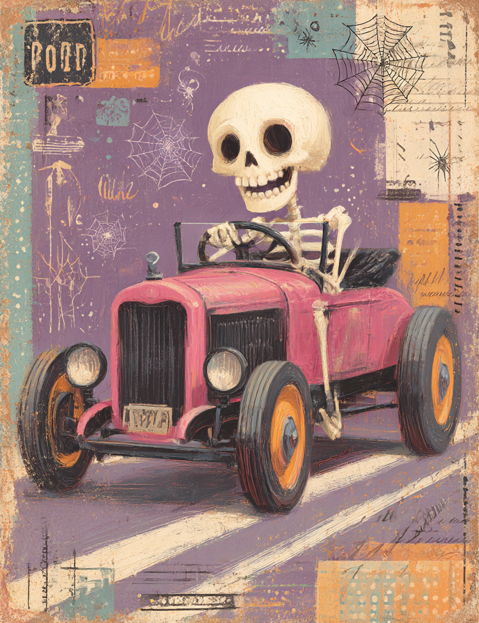 Vintage-style illustration of a skeleton driving a pink car with Halloween elements.
