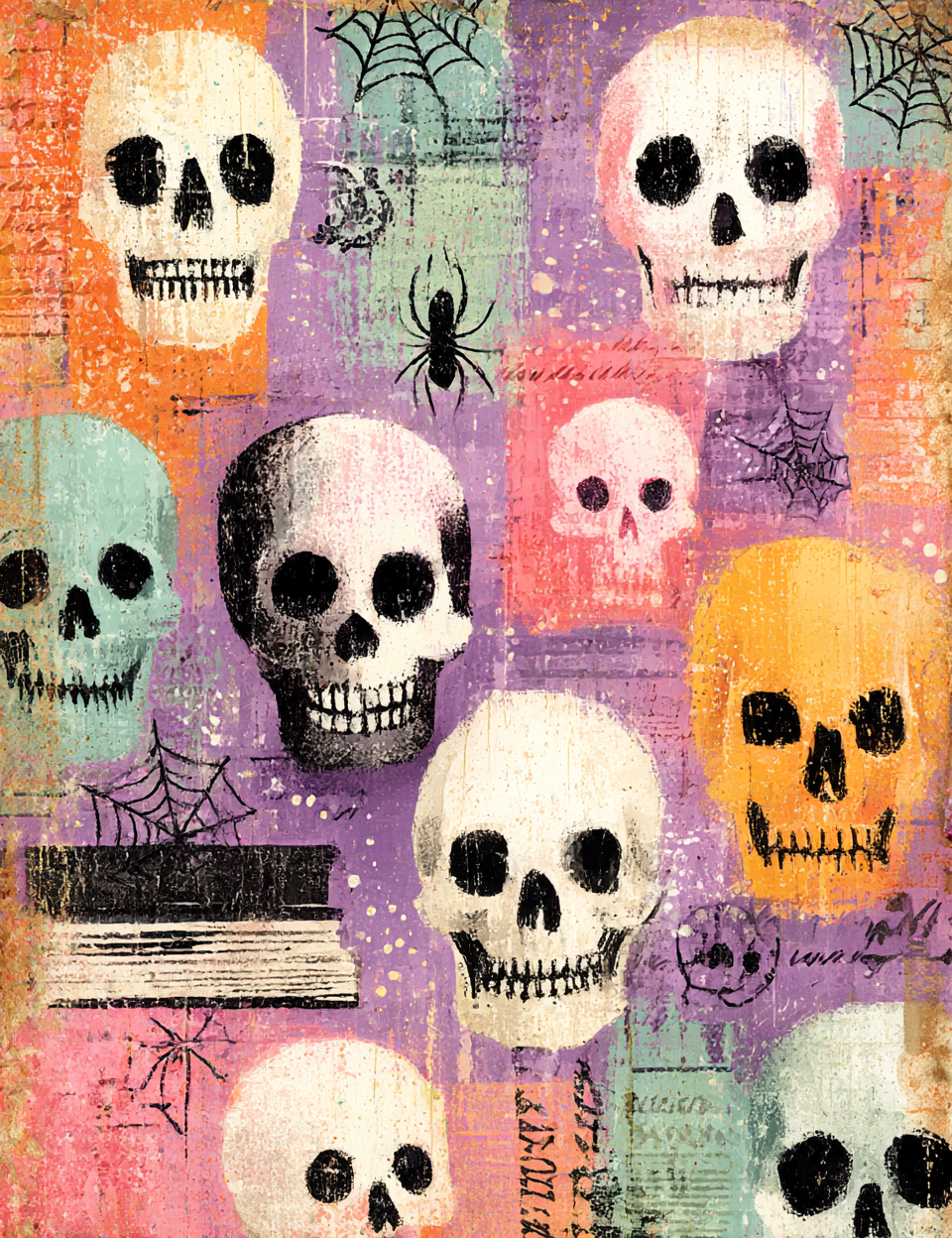 Colorful pattern of skulls and spider webs on a textured background