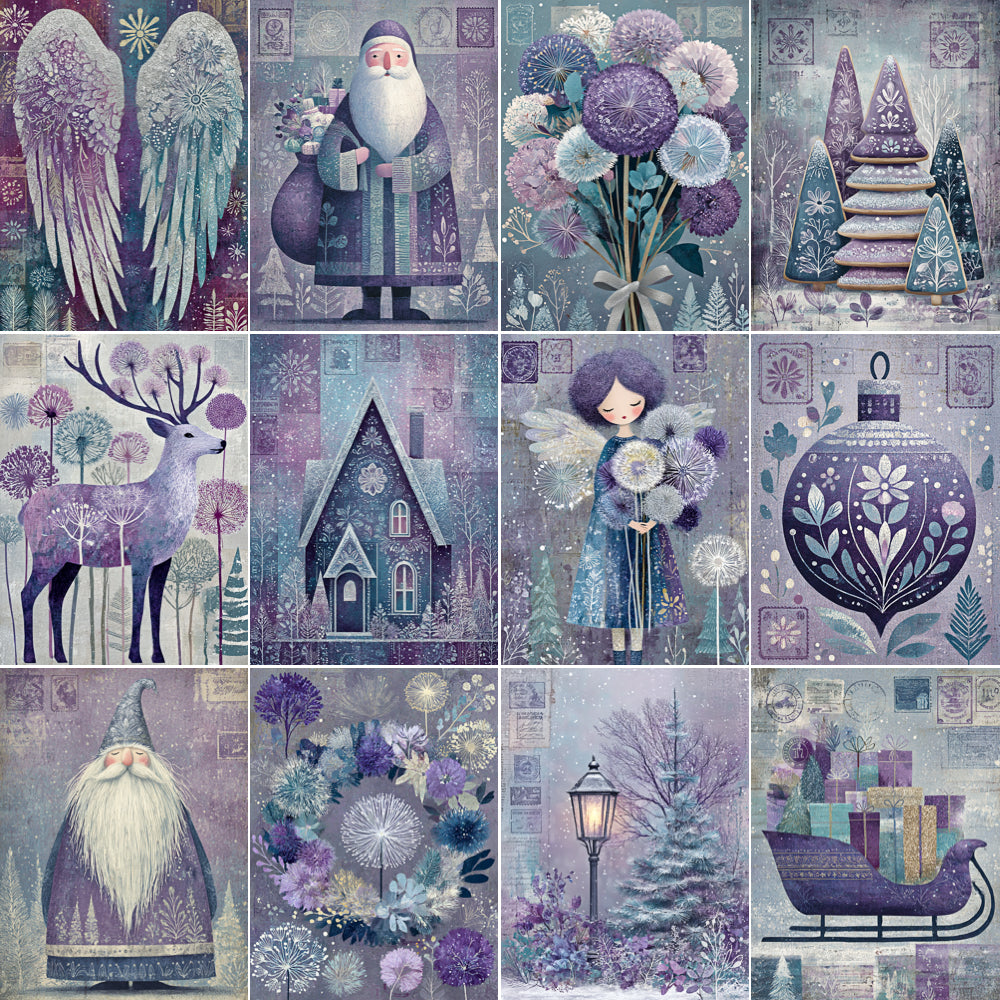 Collage of various illustrated scenes including a Santa Claus figure, flowers, a house, and other decorative elements in a purple and blue color scheme.