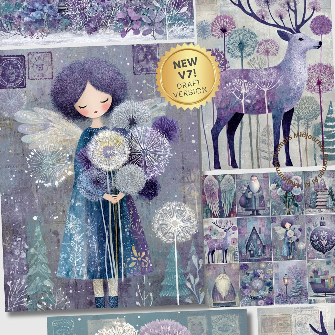 Fantasy illustration with a girl holding dandelions, a deer, and various elements in a magical forest setting.