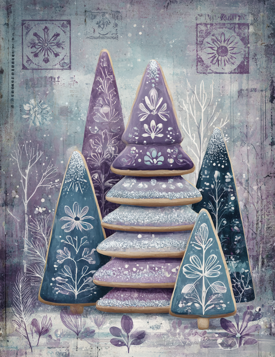 Decorative cookies shaped like Christmas trees with floral designs on a textured winter background.