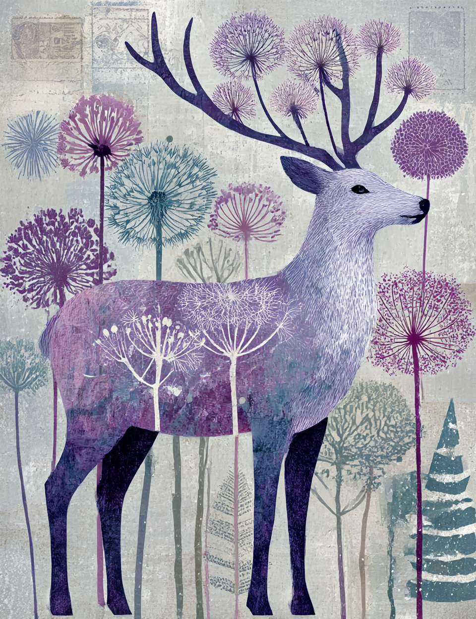Deer with antlers surrounded by stylized flowers on a textured background