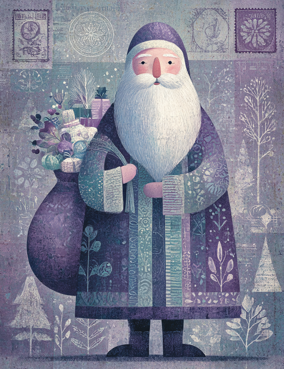 Illustration of a bearded figure in a patterned coat holding a vase with flowers on a decorative background.