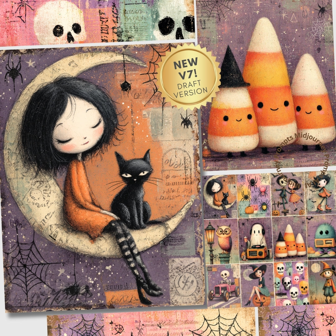 Midjourney V 7 Prompts for Purple Halloween Junk Journal Kit