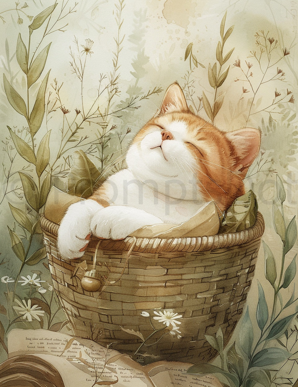 a cat in a basket Midjourney Prompts For Romantic Aesthetic Junk Journal Papers