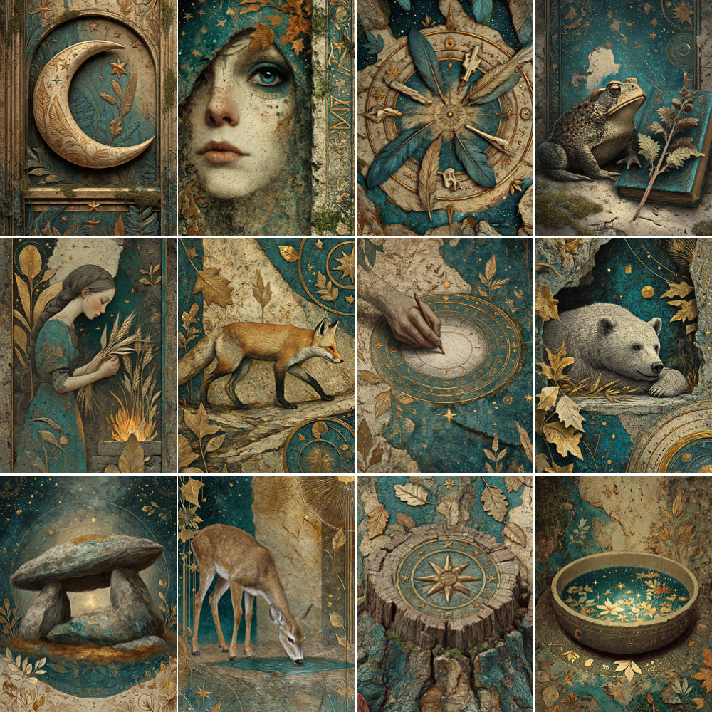 Collage of various nature-themed illustrations with elements like a moon, face, compass, frog, bear, fox, mushroom, and deer.