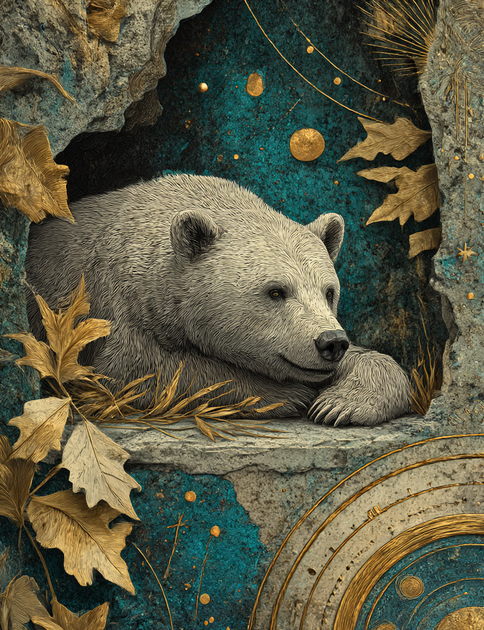 Bear in a cave with celestial elements and gold leaves