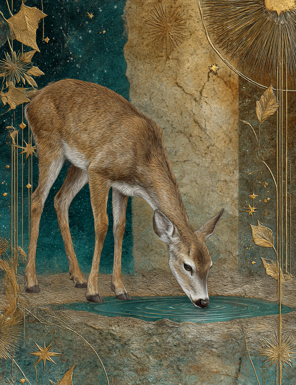 Deer drinking water with decorative elements and a starry sky background