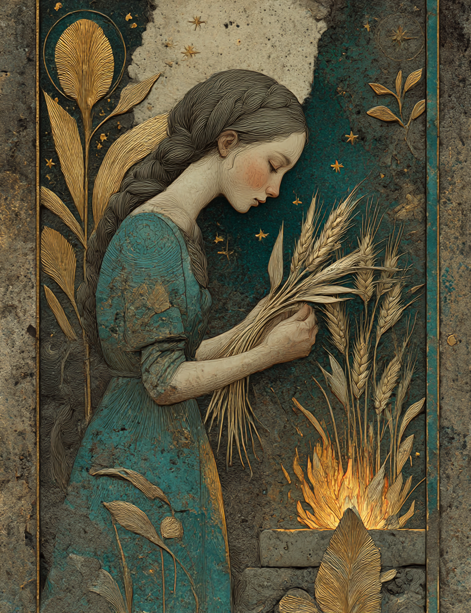 Artistic depiction of a woman holding wheat with decorative elements and a starry night sky.