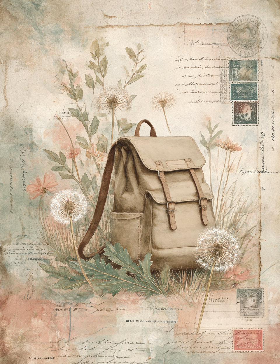 Beige backpack on a textured background with flowers and stamps