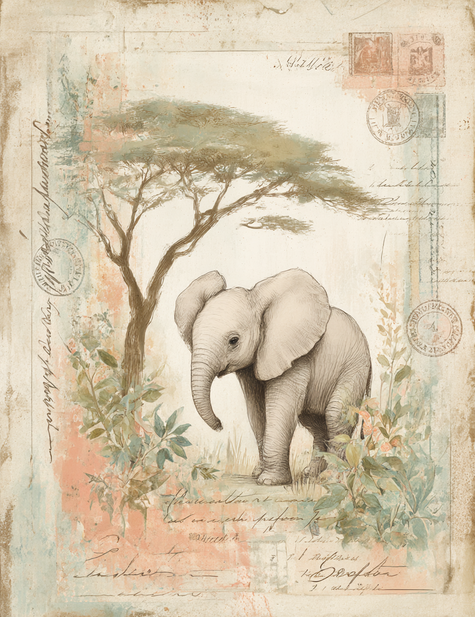 Vintage-style illustration of an elephant in a natural setting with trees and foliage.