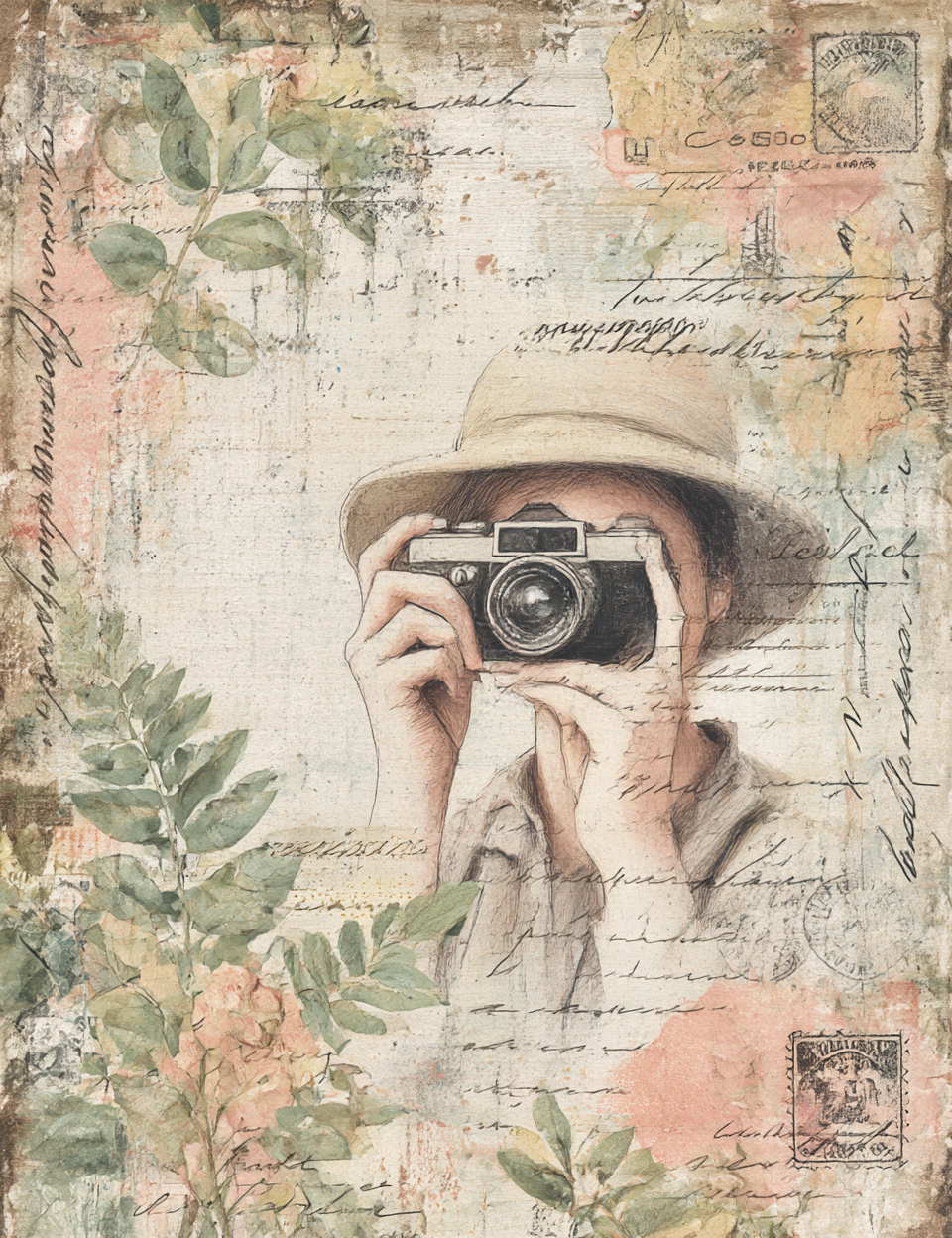 Collage with vintage camera, hat, and floral elements on a textured background