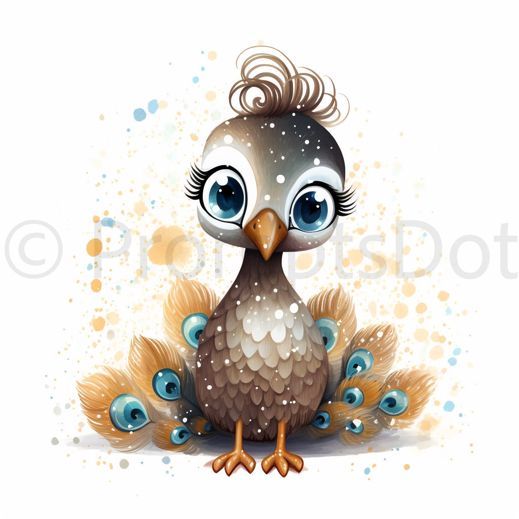 Midjourney Prompt Safari Baby Jungle Animals Watercolors Commercial Use beautiful peacock