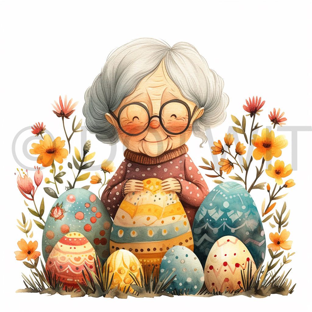 old lady with easter eggs