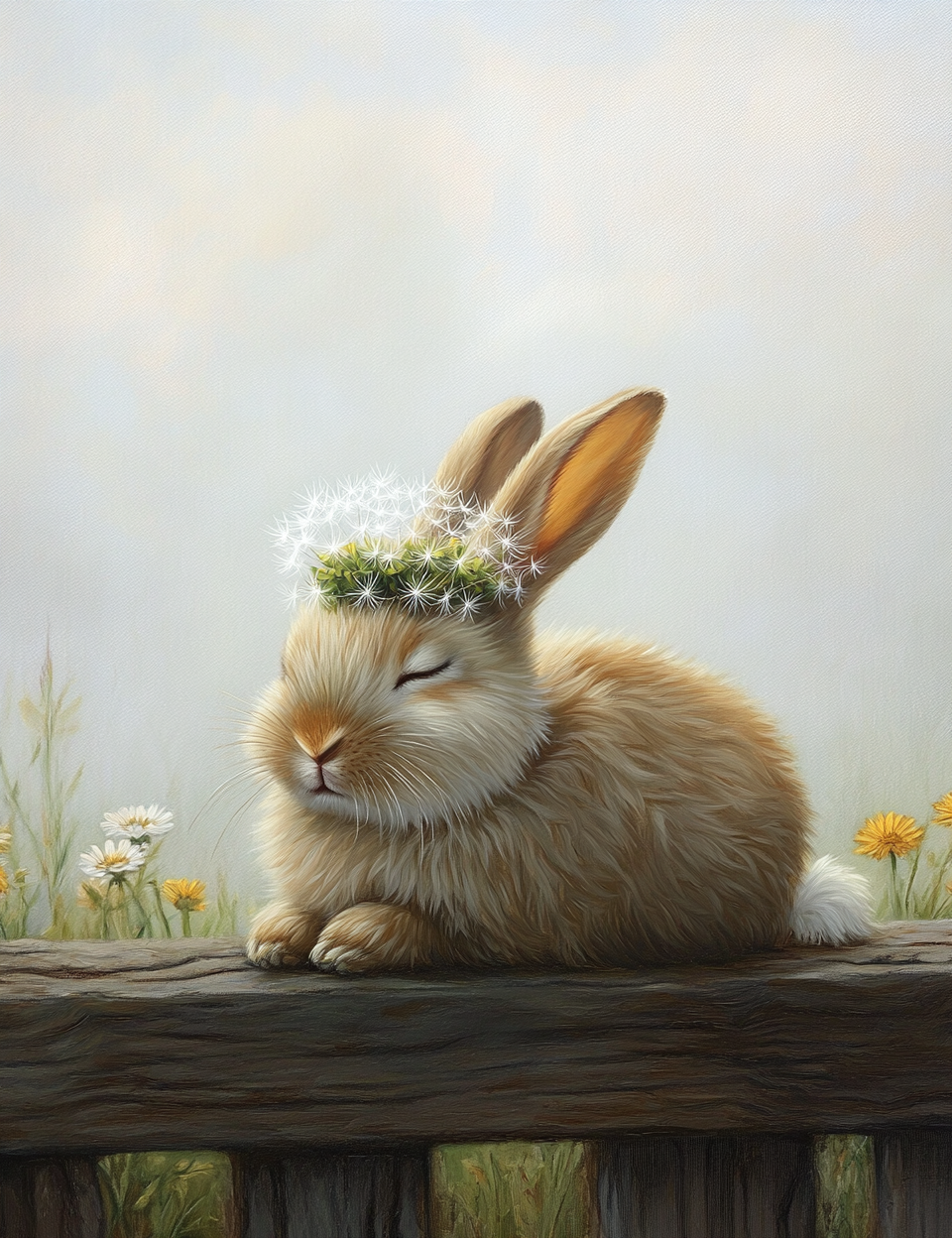 Sleeping rabbit with a flower crown on a wooden log in a natural setting