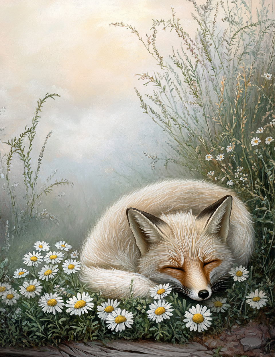 Sleeping fox surrounded by flowers and plants in a natural setting