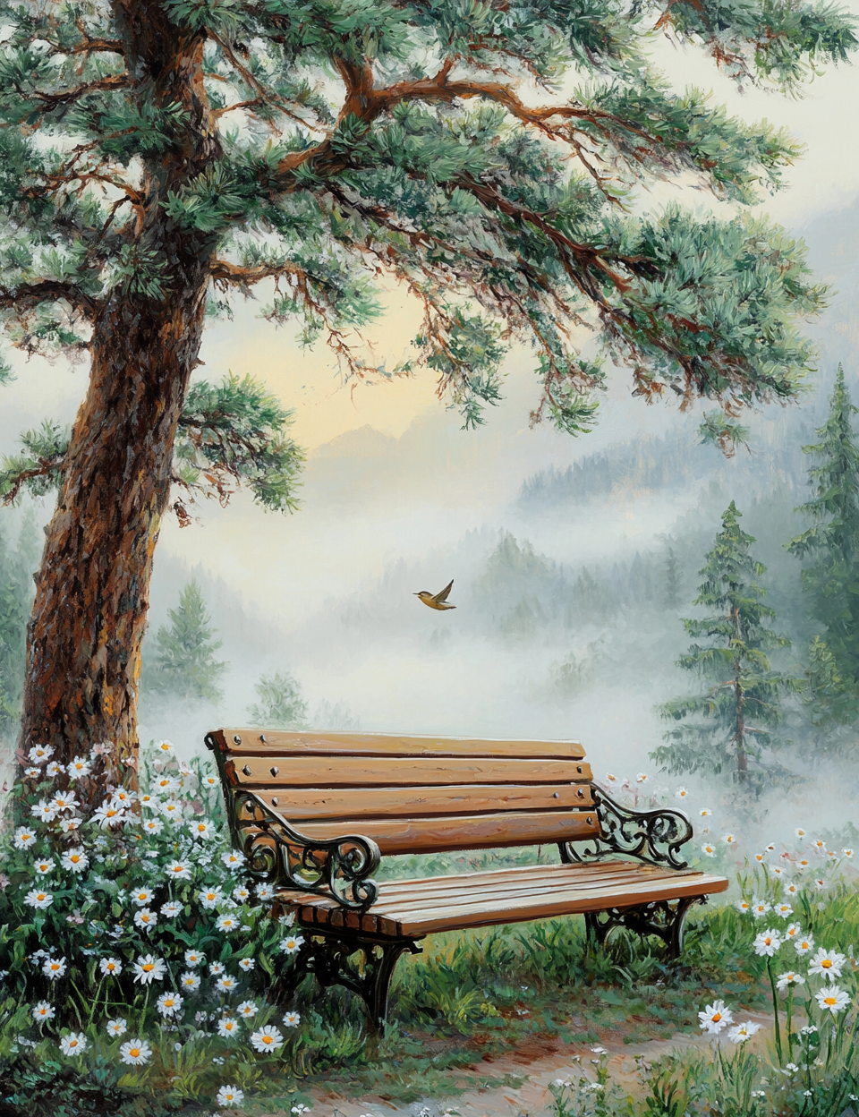 Wooden bench under a tree in a misty forest with flowers and a bird.