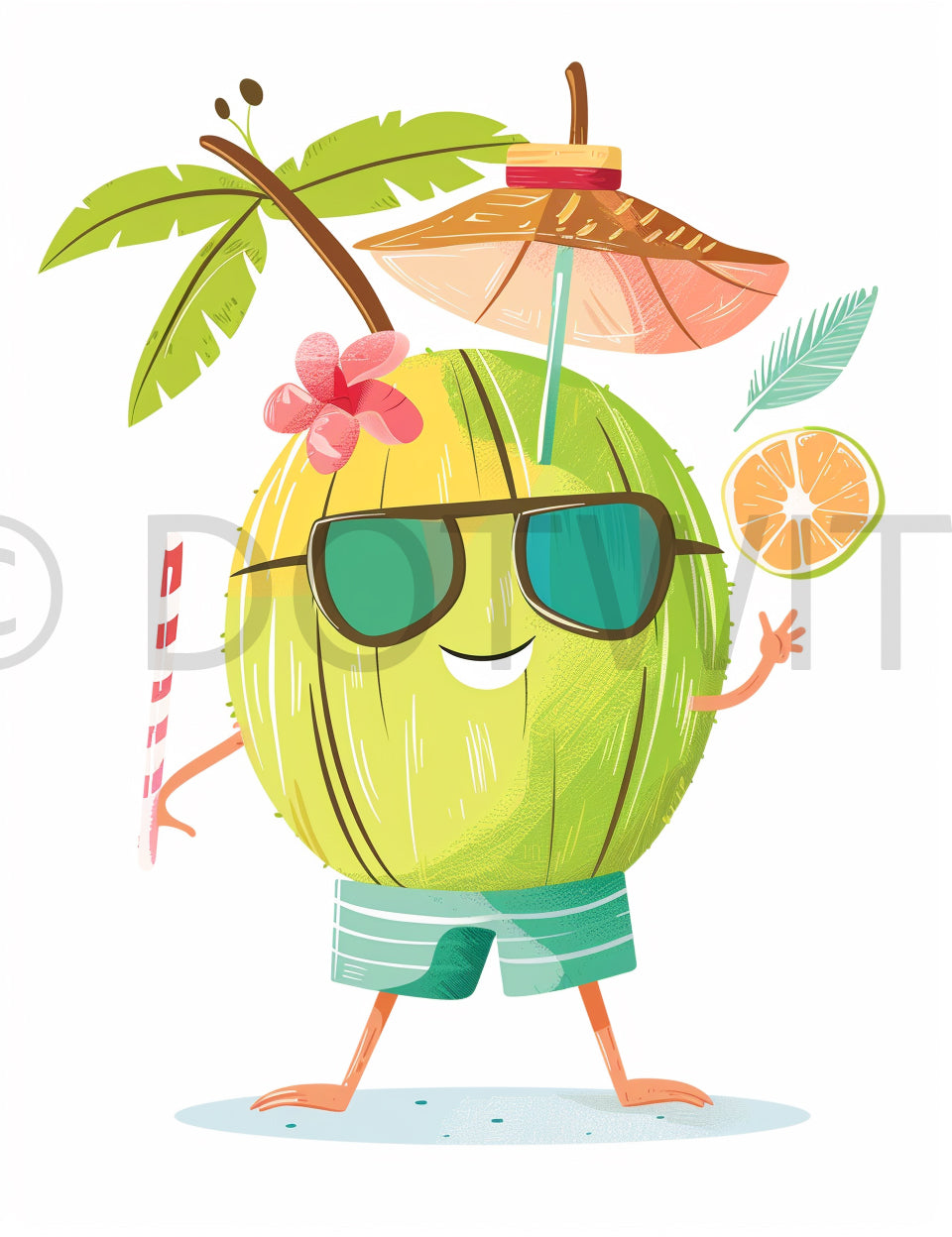 a coconut Summer Beach Watercolor